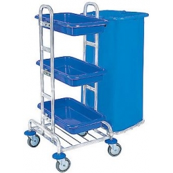 Wózek sprzątający z trzema półkami i workiem na śmieci